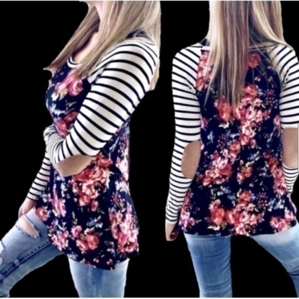 Women's Floral Print Elbow Patch Detail Raglan Long Sleeve Relaxed Top Shirt Tee